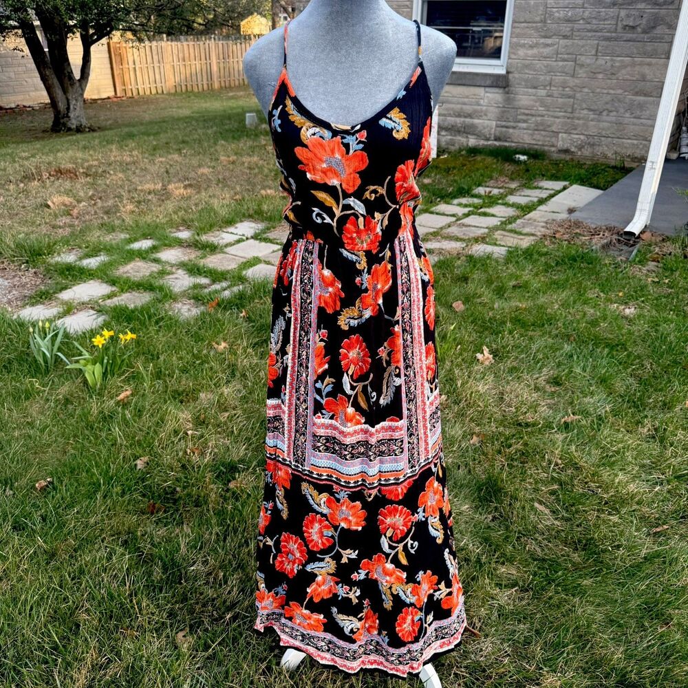 Retro 70s Look Boho Maxi Dress Sz M Floral Tribal Print Festival Hippie Indie
